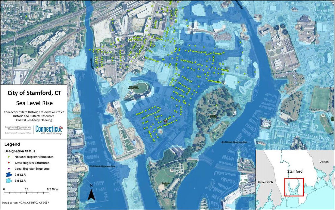 This figure illustrates the number of buildings currently on a state or national historic register that will be inundated by projected sea level rise scenarios in the city of Stamford._resized