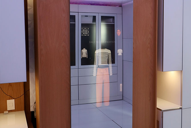 Another interesting feature is that the closet can find a specific item using the smart mirror and tiny RFID tags the user tagged their clothes with to quickly scan and locate the item.