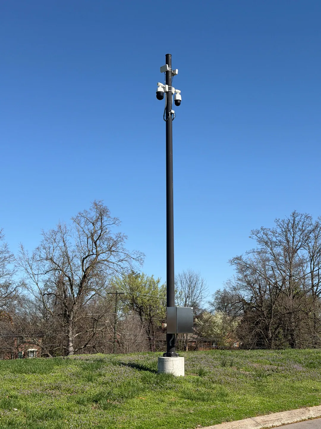 We can also mount PTZ cameras via freestanding poles, providing a wide aerial view of coverage.