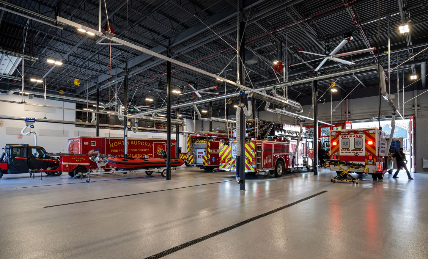 50158591_N28 The apparatus bay in the North Aurora Fire Station #1 in North Aurora, Illinois, is appointed with systems for exhaust filtration and scrubbing. Photo courtesy Peter McCullough