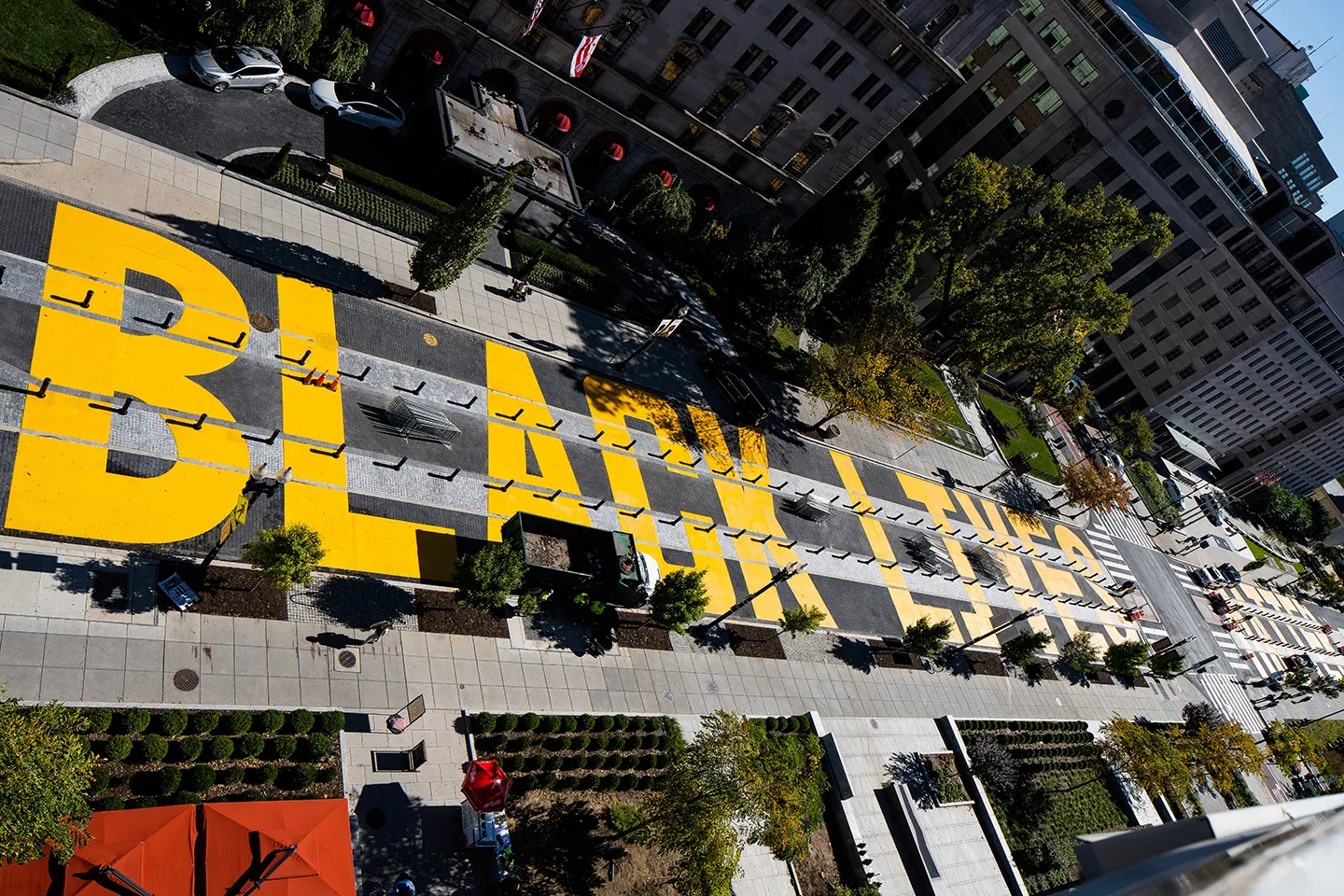The plaza features a 48-foot mural that says, “Black Lives Matter.” Photo courtesy of Dewberry.