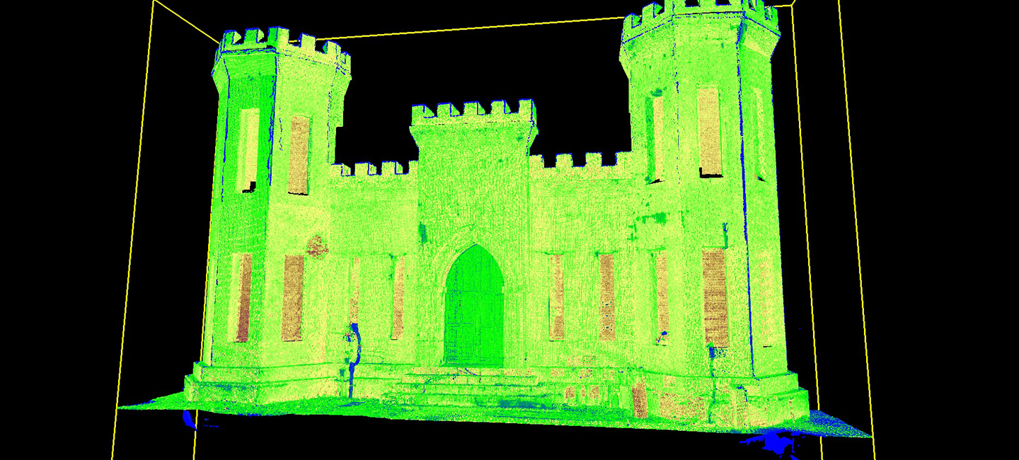 Faux stone grout lines are shown here, along with cracks in the laser scans both due to the gaps in the surface and a change in light reflectivity from calcium forming in the cracks.