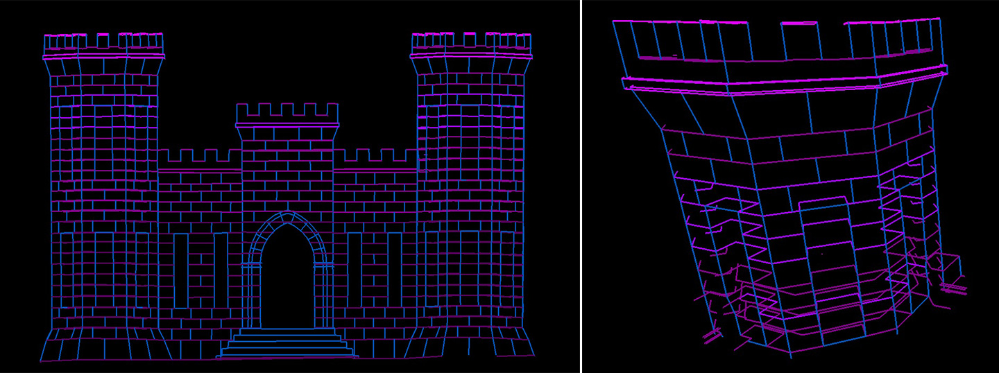 A wire-frame 3D model of the front of the castle.
