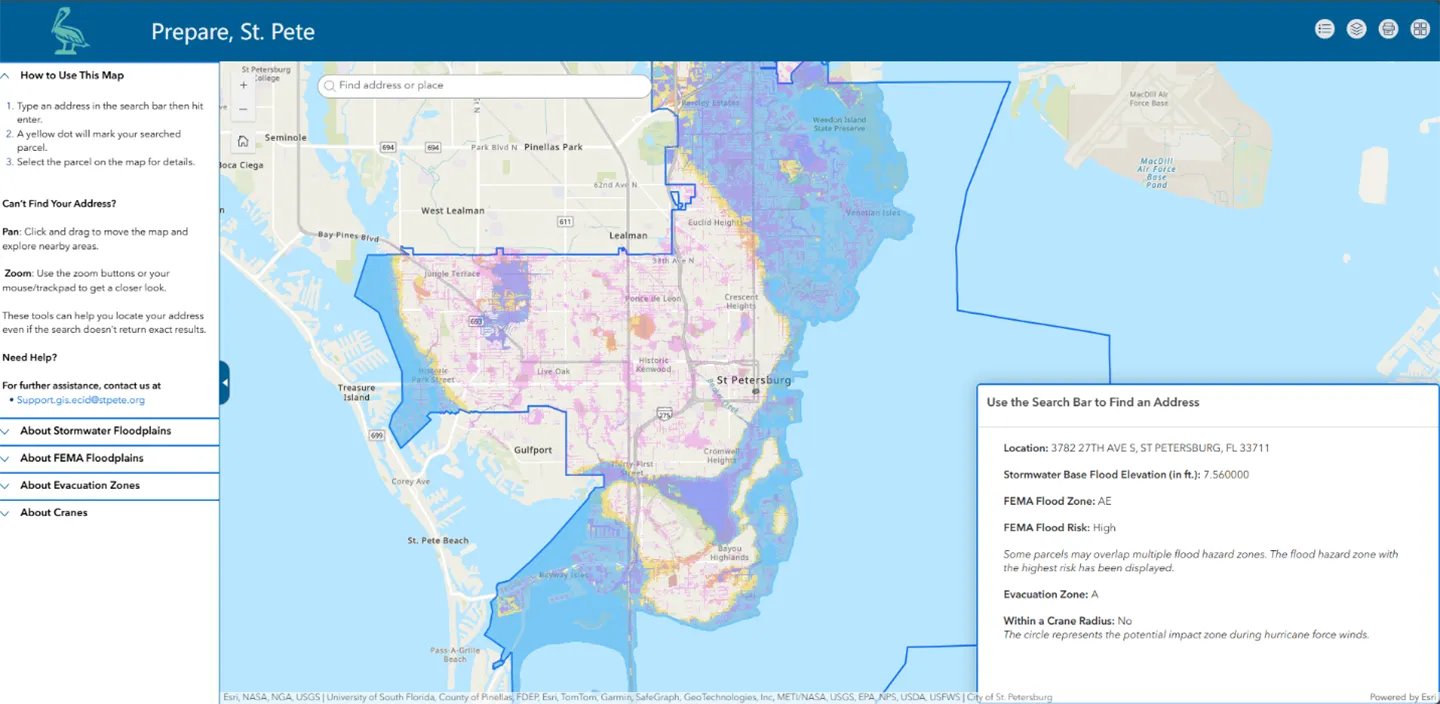City-of-St-Pete_Web-Application A screenshot of the Prepare St. Pete weather risk application.