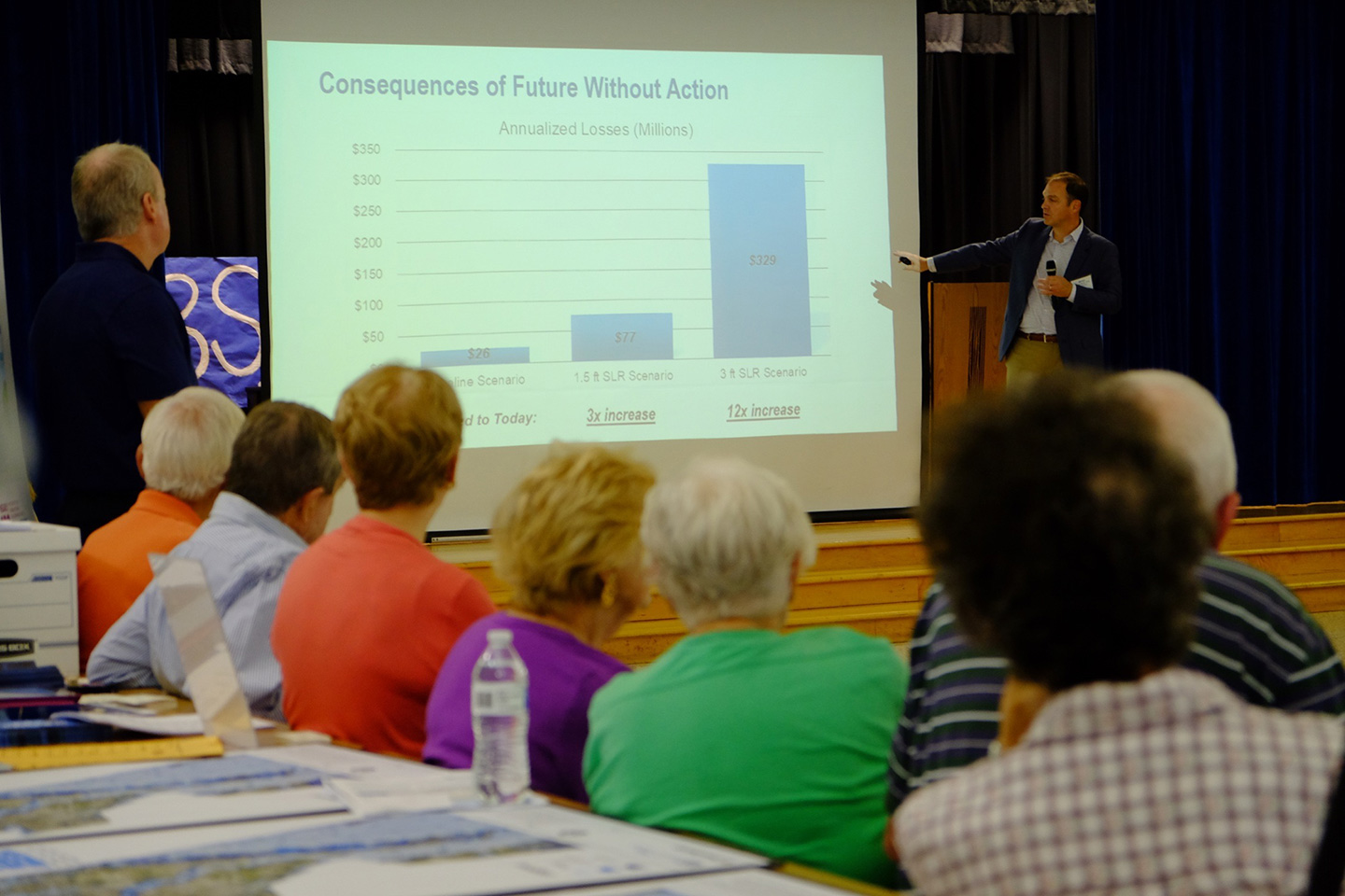 Brian Batten presenting on sea level rise impact projections and adaptation options to Virginia Beach residents.