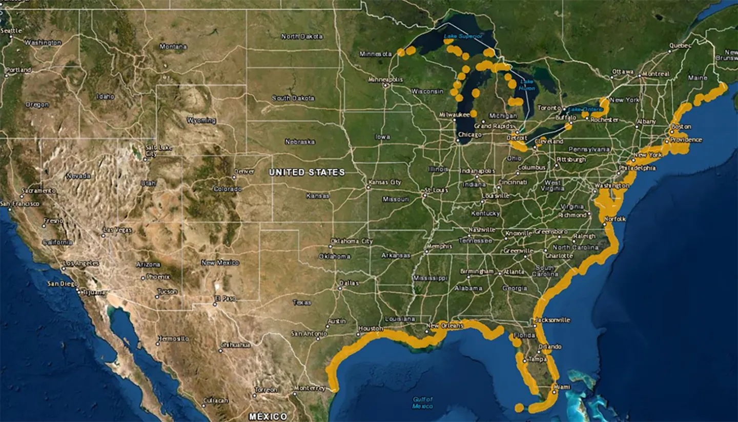 Coastal Barrier Resources System mapper showing where CBRS units are in the continental U.S. Image courtesy of U.S. Fish and Wildlife Service.