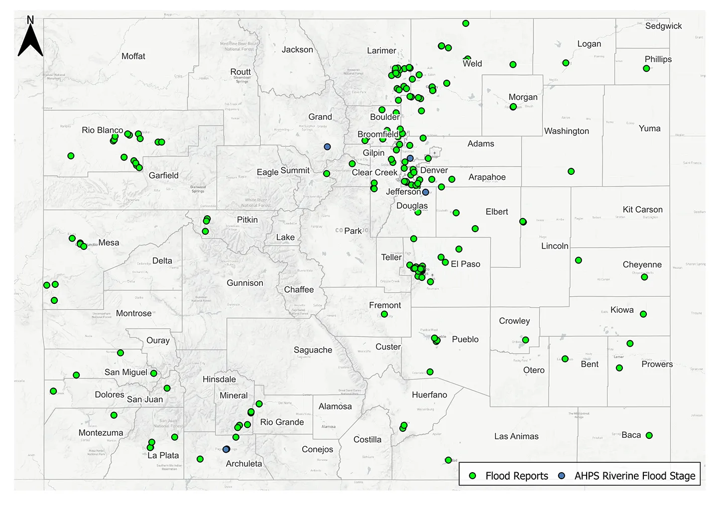 This map shows the 2025 flood report coverage, demonstrating that flooding is widespread in Colorado.