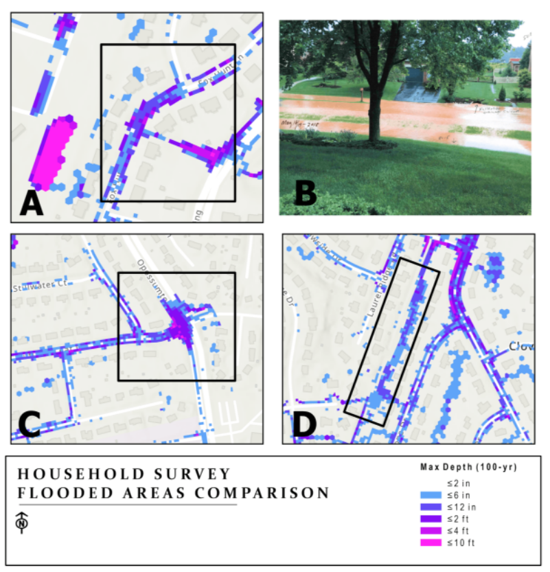 The images display a close up of the 100-Year storm event simulation results in Frederick County, Maryland.