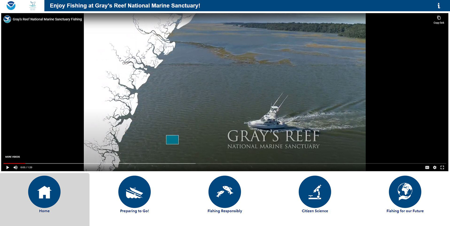 Home page for the Gray's Reef Best Practices Fishing Guide, where users are greeted with an embedded video of Stan Rogers, Gray's Reef National Marine Sanctuary superintendent.