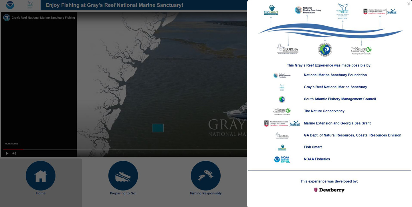 Clicking the “info” icon in the top right corner of the experience displays a pop-out window crediting/highlighting all the partners involved in making this project happen. All images courtesy of NOAA.