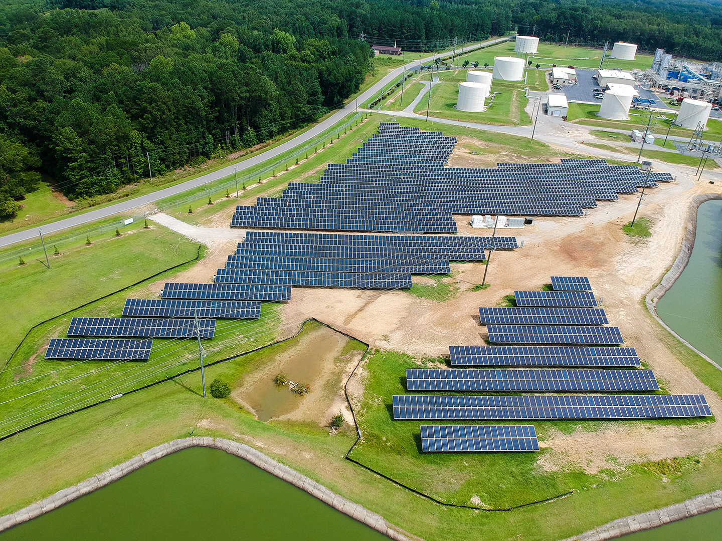 One example of a ground-mounted solar system is this one located at a large site in North Carolina that collects solar energy for the community. 