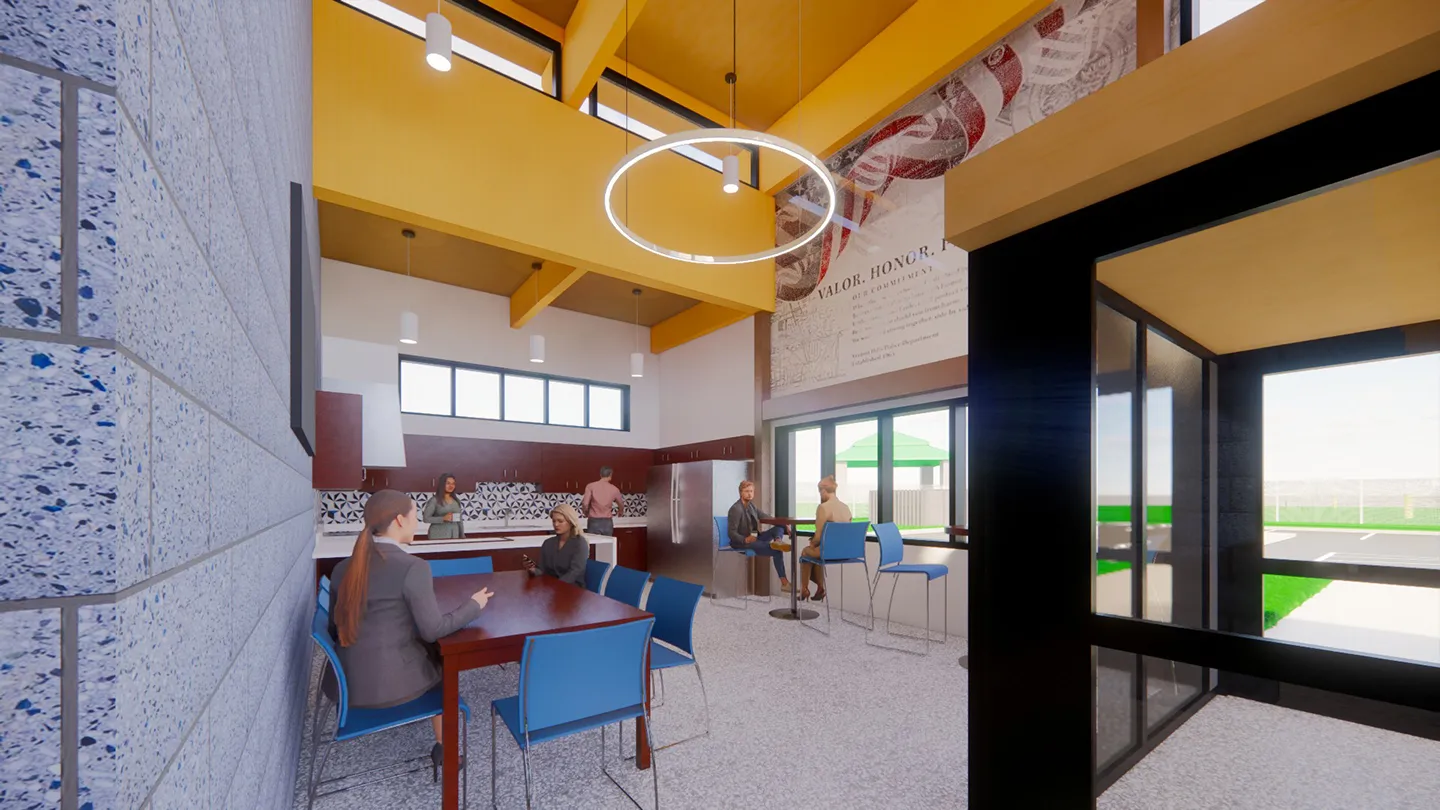 In staff areas and break rooms, communal design elements encourage cross-department interaction and allow officers to engage with those they may not frequently work with.