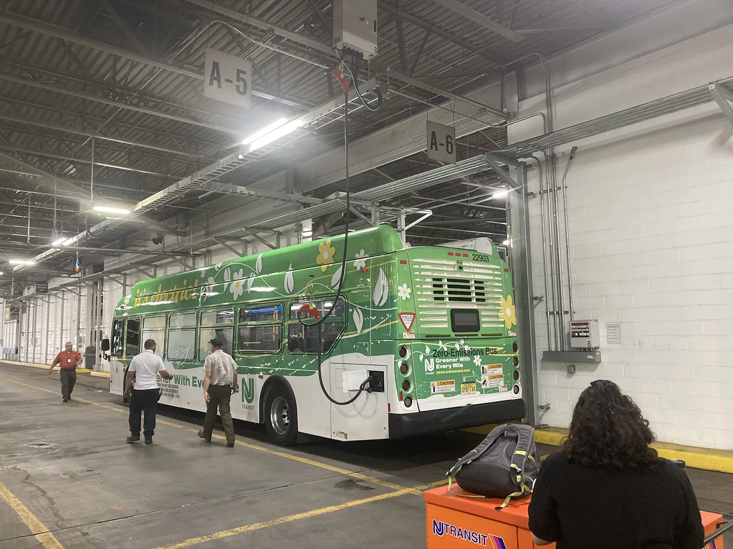 The Newtown Bus Garage is equipped with an overhead electric charging station for a NJ Transit project.