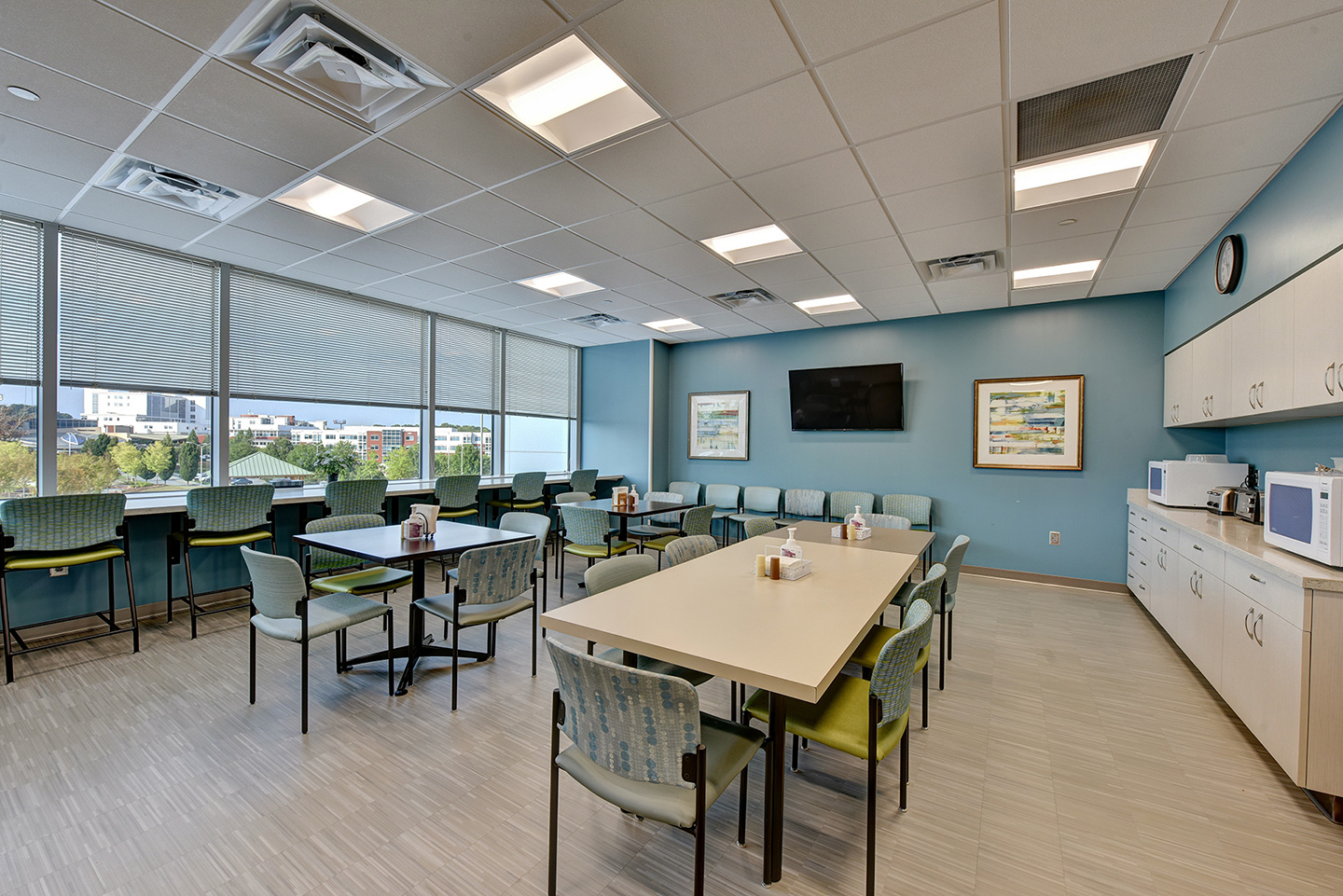 Staff Break Area with tranquil colors, comfortable seating, natural light and great views.