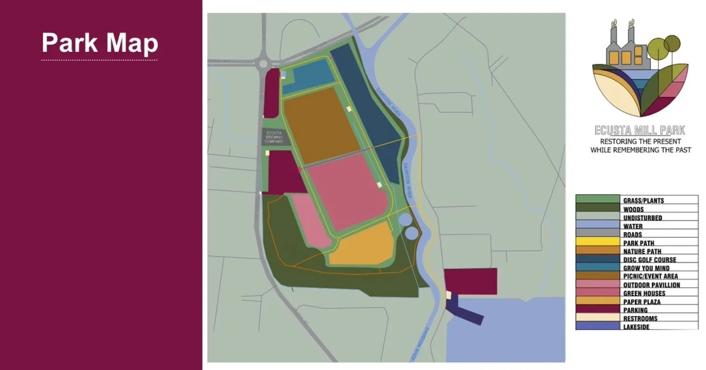 The proposed park features greenhouses, a “Grow Your Mind” Garden, a long disc golf zone, an outdoor pavilion, a multi-purpose area, and walking trails. Graphic created by Addyson Hunsicker.