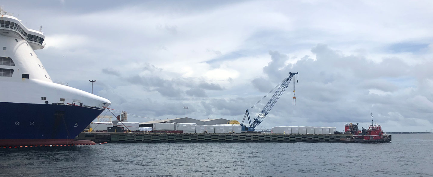 GE’s nacelles stacked along the Port of Pensacola. 