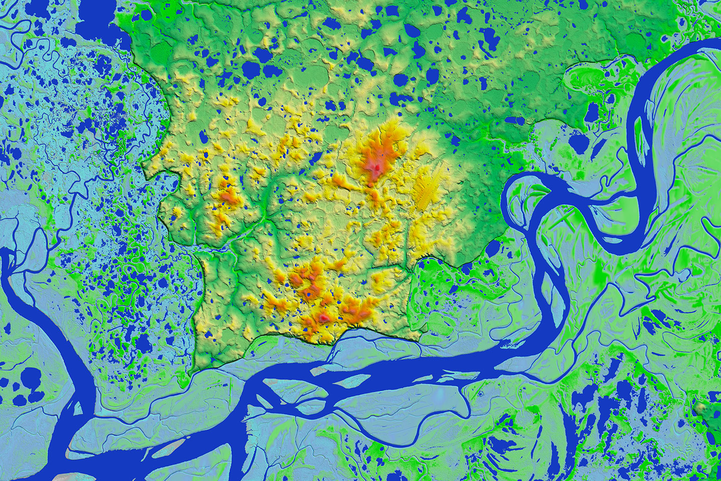 In addition to mapping elevations, IFSAR is especially effective because it efficiently maps hydrographic features as shown here for the Kuskokwim River in Bethel Borough.