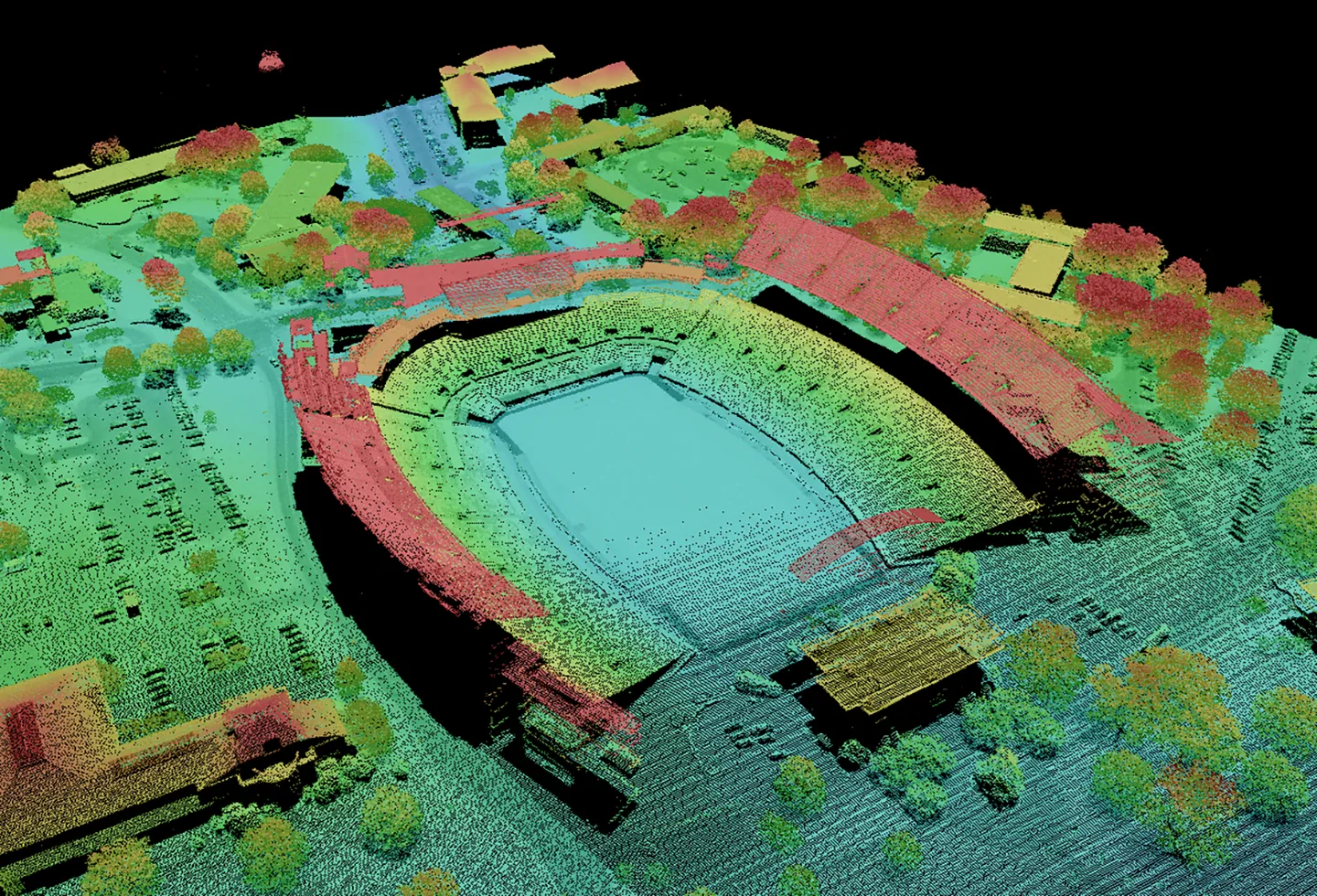 Oblique view of the lidar point cloud of Davis Wade Stadium at Mississippi State University in Starkville, Mississippi.