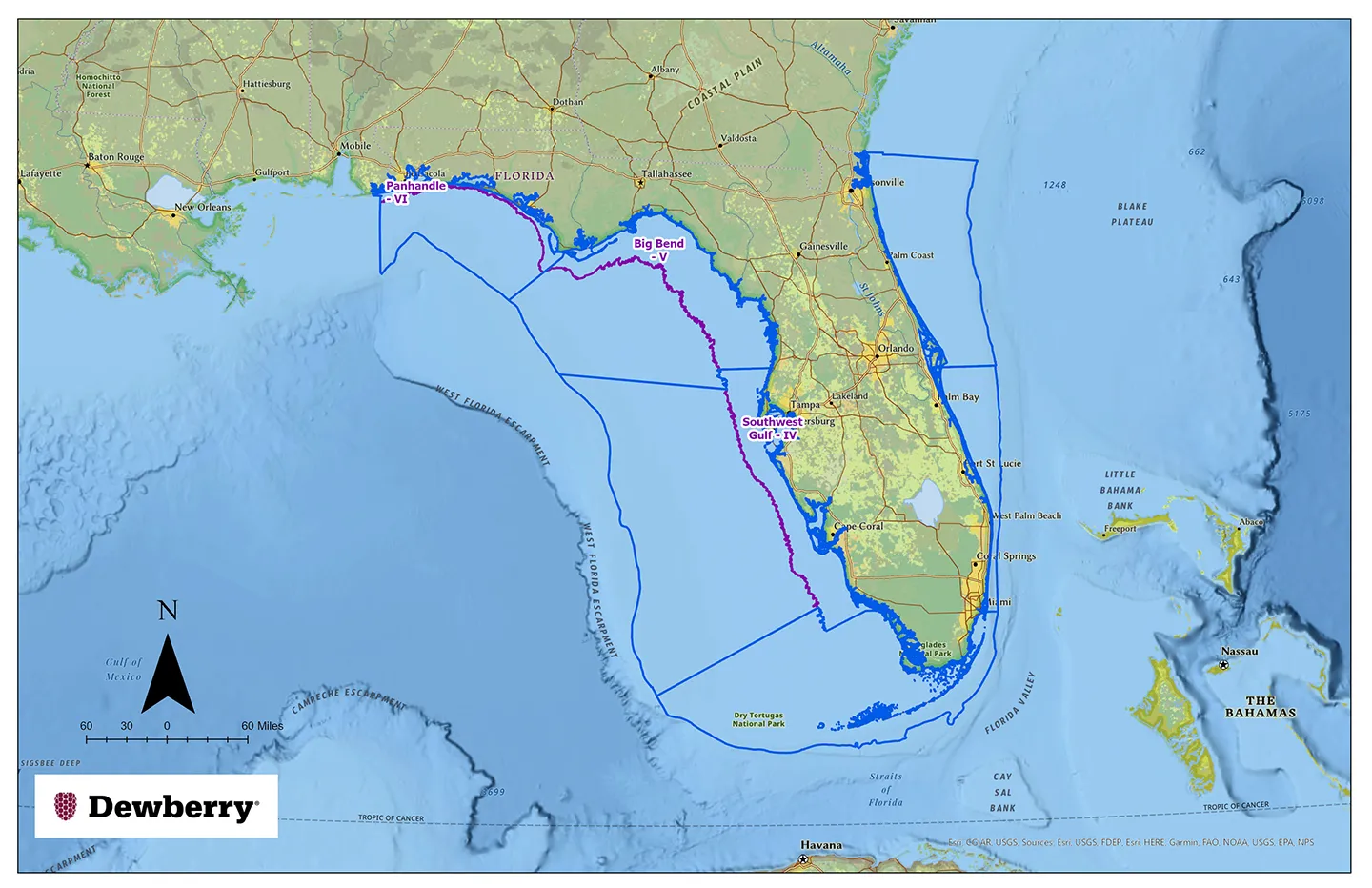 Dewberry is providing topobathymetric lidar for Florida’s Gulf Coast as part of an effort to capture statewide bathymetric lidar to the 20-meter isobath and acoustic/sonar soundings from the 20-meter isobath to the 200-meter isobath.