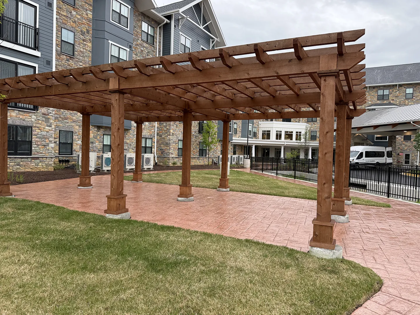 An outdoor patio encourages connection and social interaction among residents.