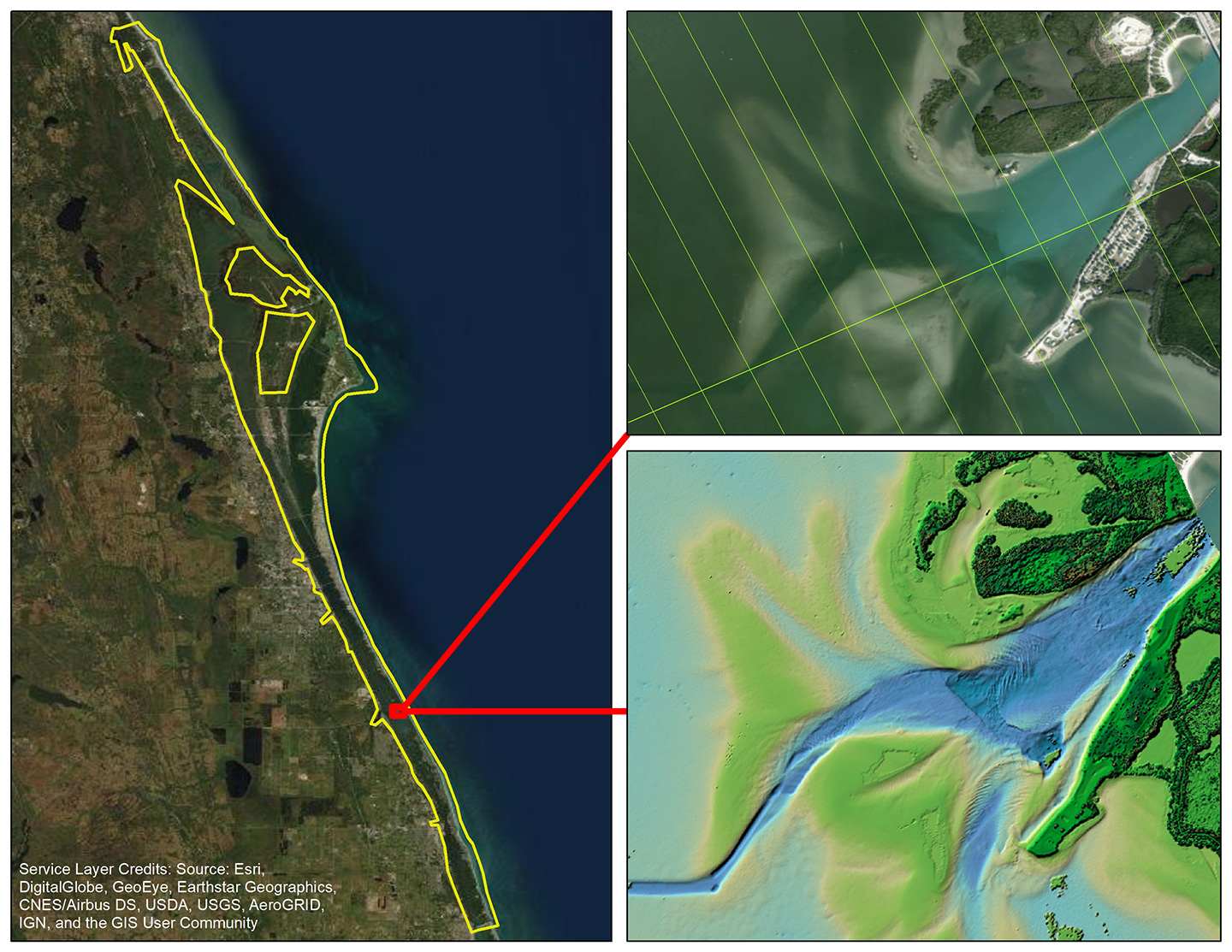 Dewberry is acquiring 600+ square miles of topobathymetric lidar data and high-resolution aerial imagery for shoreline mapping along the Atlantic Coast of Florida, extending from New Smyrna Beach to Fort Pierce.