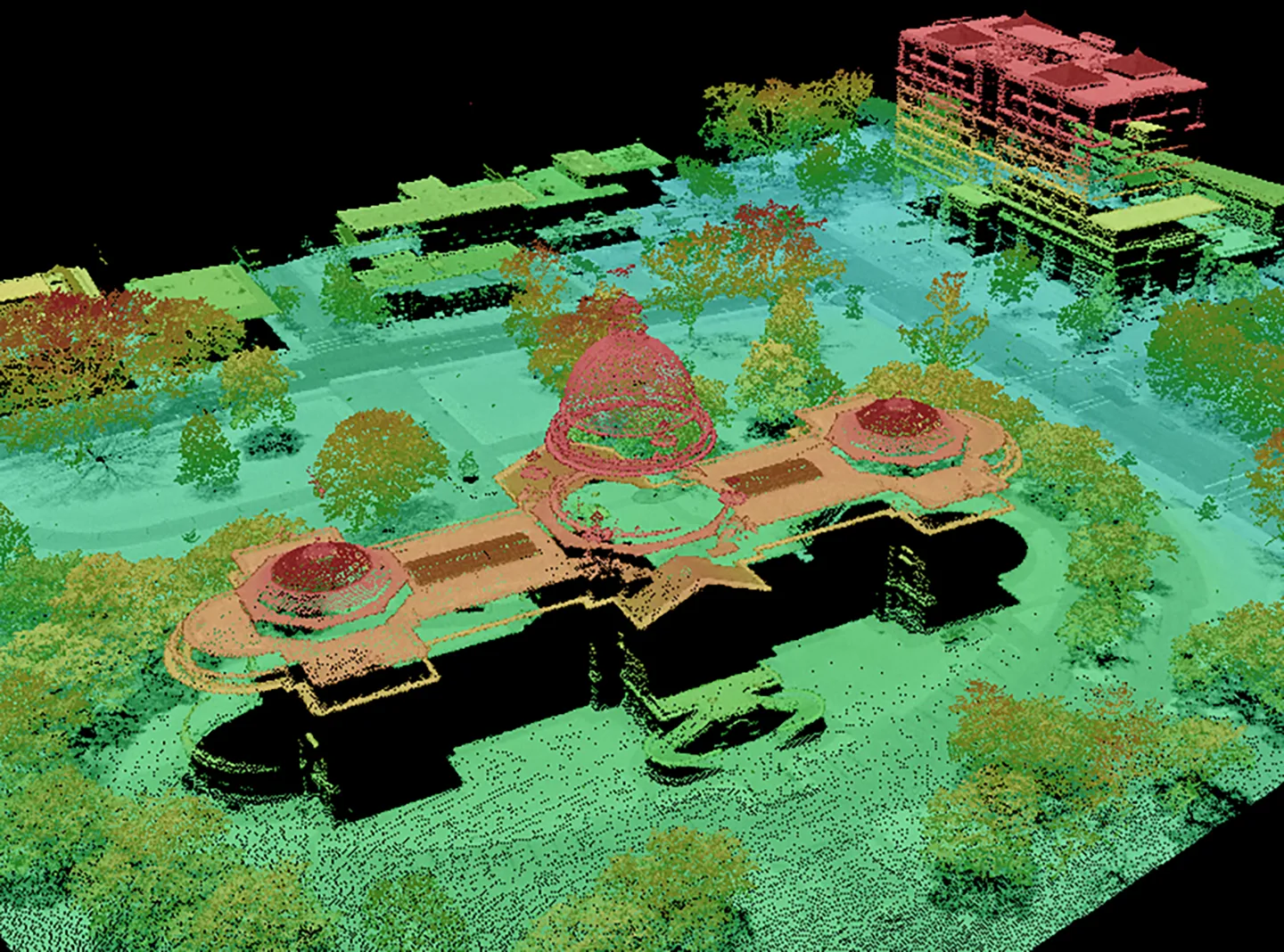 Oblique view of the lidar point cloud of the Mississippi State Capital Building.