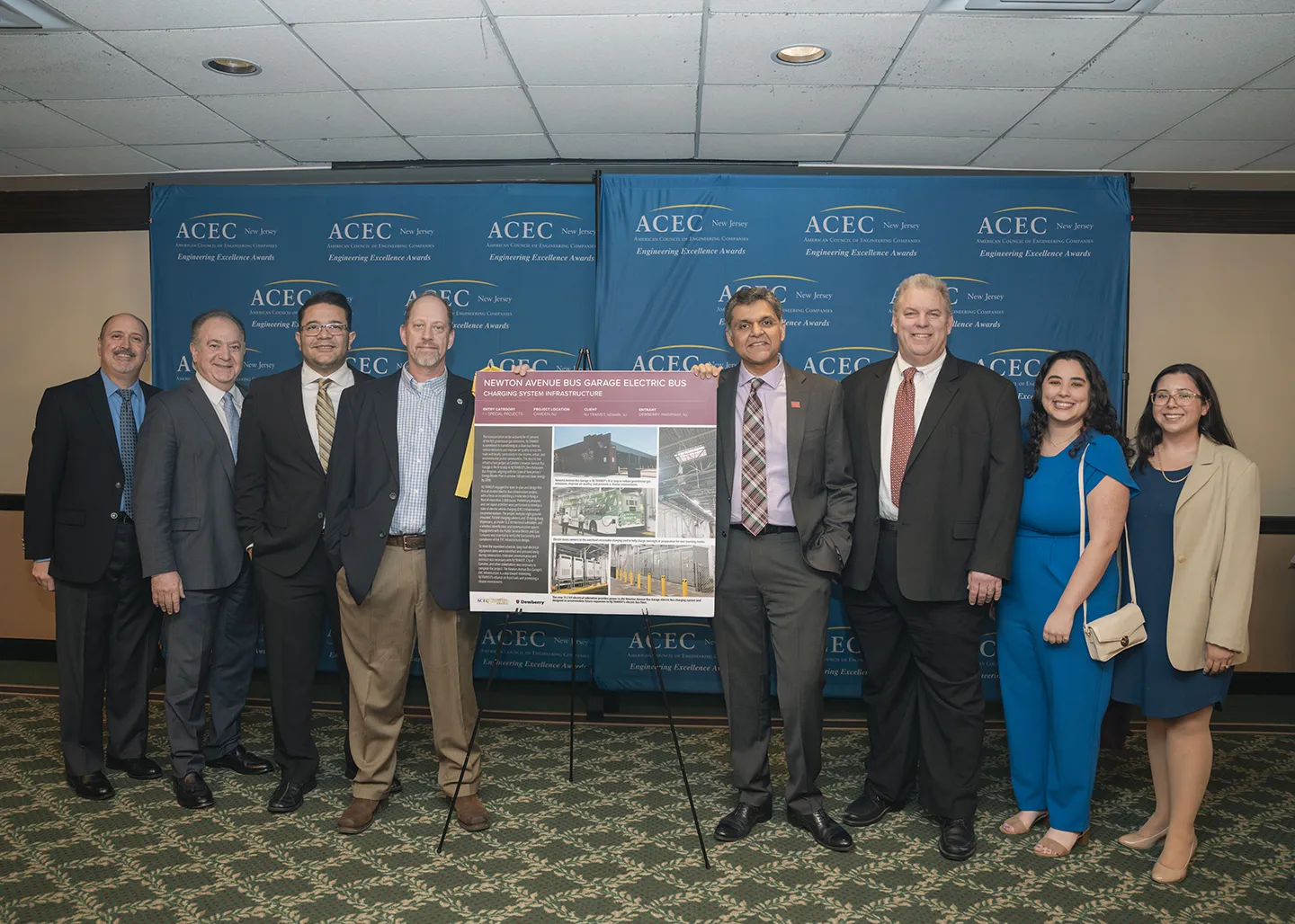 The project team for the Newton Avenue Bus Garage Electric Bus Charging System Infrastructure project at the ACEC NJ Engineering Excellence awards dinner event.