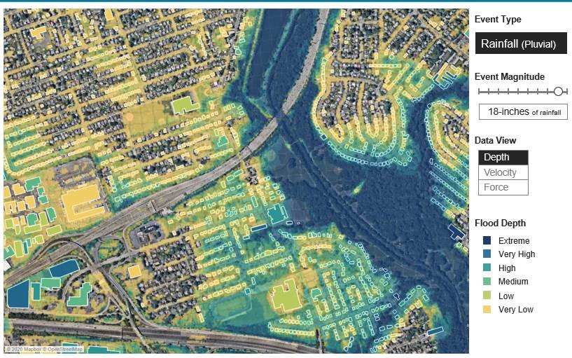 A pluvial flood risk map determined by probabilistic methods. Image courtesy of Dewberry.