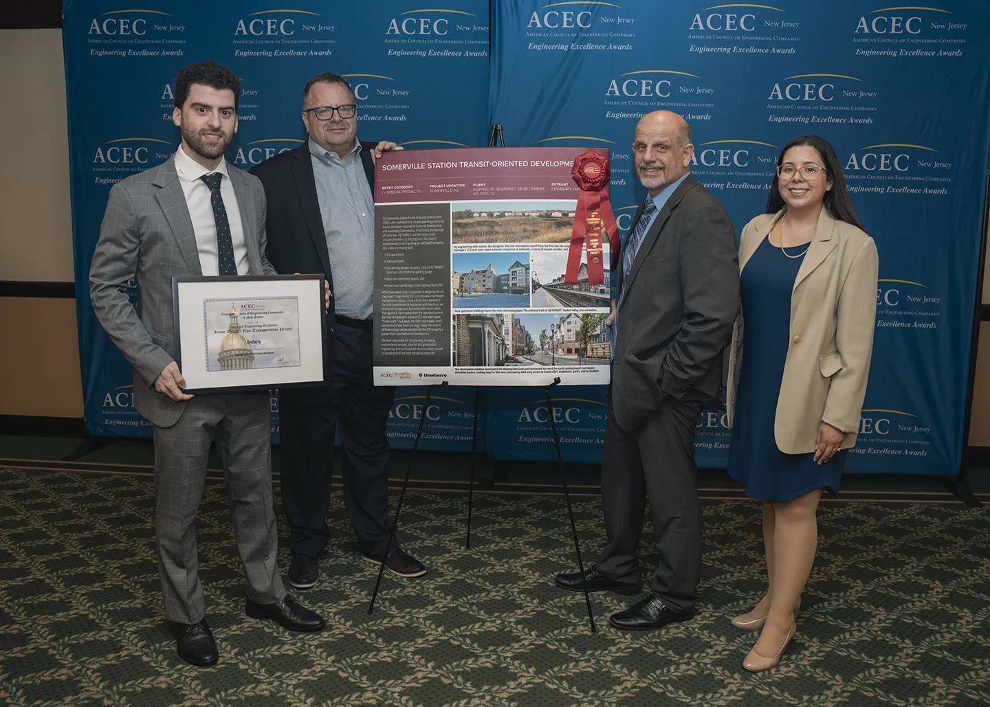 The project team for the Somerville Station Transit-Oriented Development project at the ACEC NJ Engineering Excellence awards dinner event.