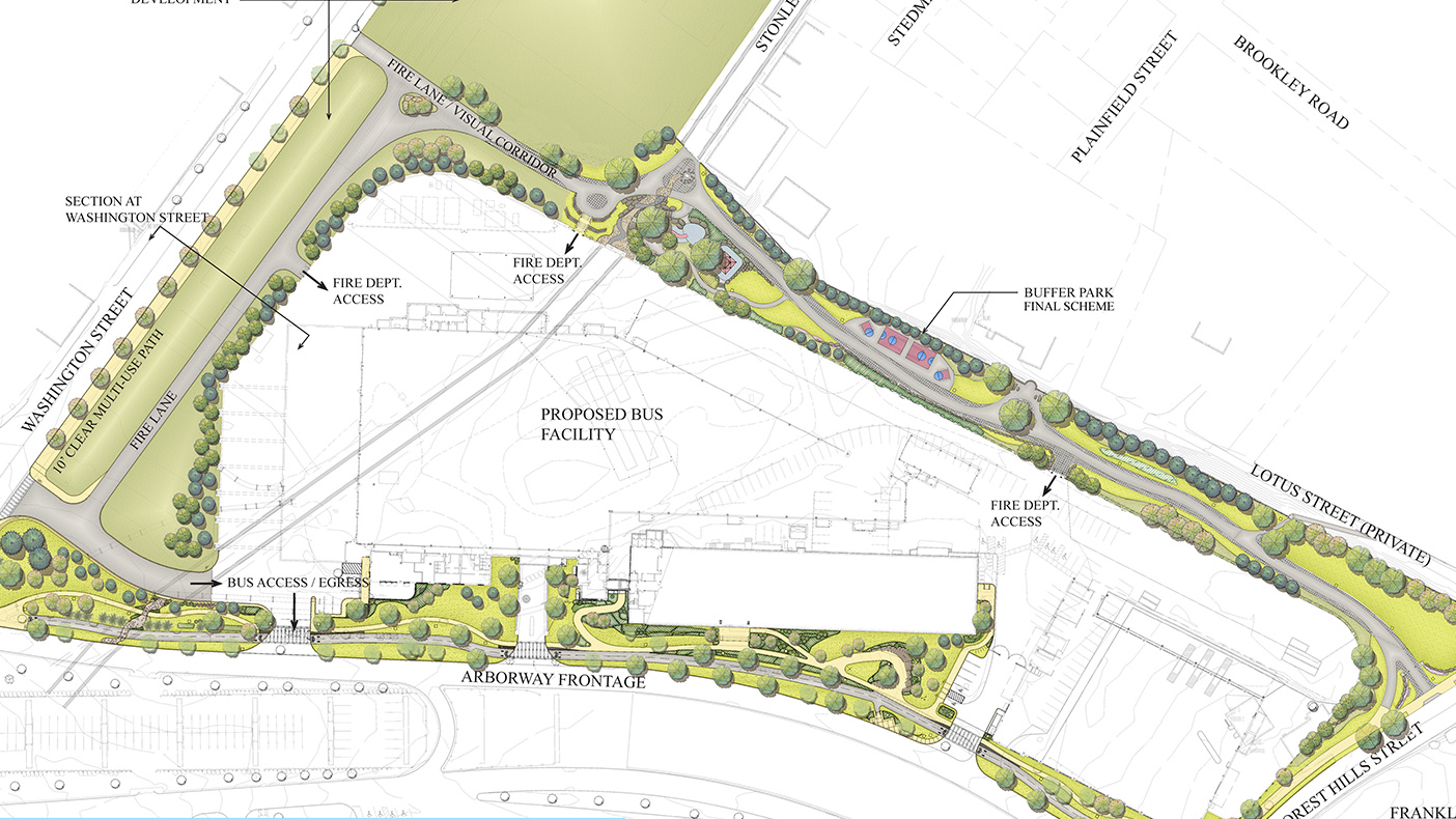 Site plan for a buffer park to redevelop the surrounding neighborhood with park, housing and retail. [credit: Holly D. Ben-Joseph Landscape Architect. Rendering by Brown, Richardson & Rowe]