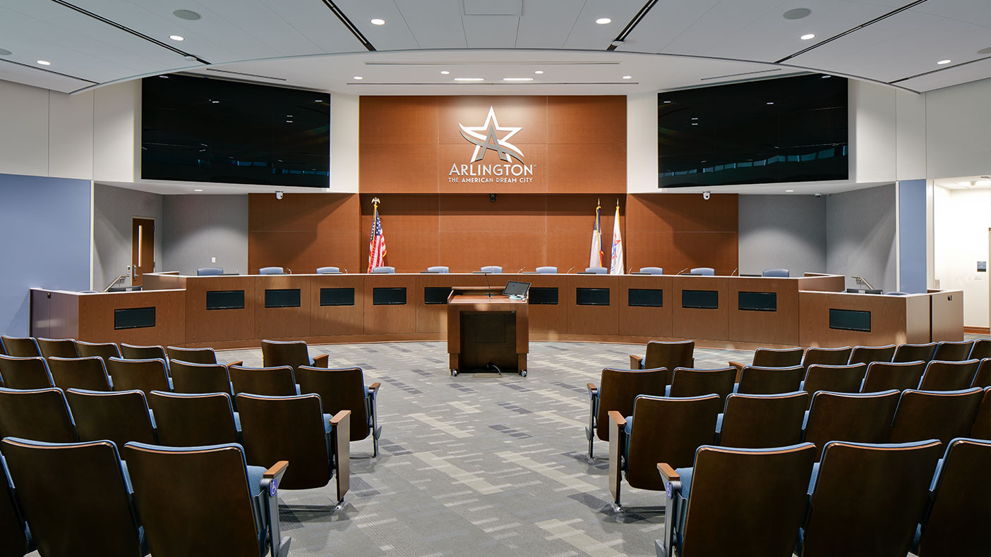 Advanced technology and security facilitate public engagement in the city council chambers addition. 