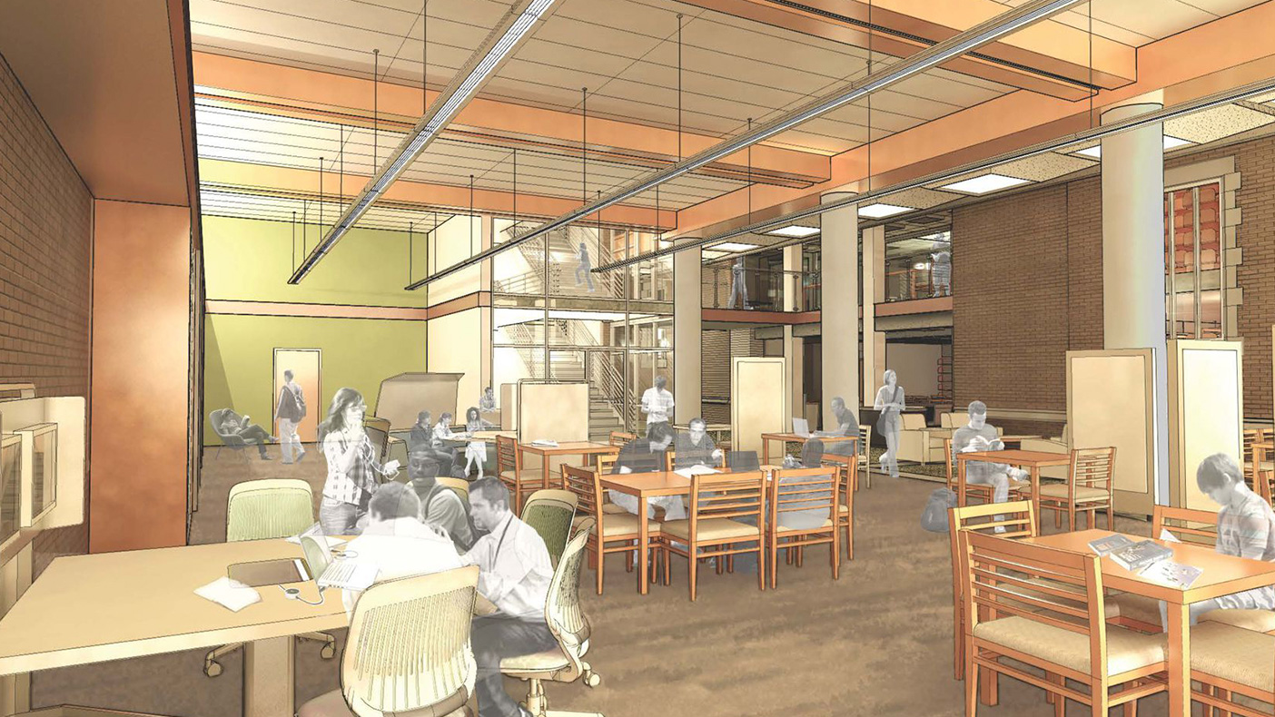 The new learning commons will be a high-tech complement to the 1950’s reference reading room and reflects the importance of student learning and collaboration.