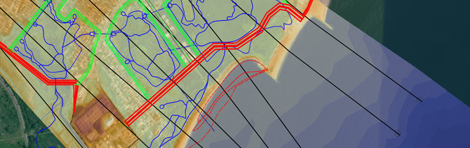 Coastal model outlining storm surge and wave impacts.