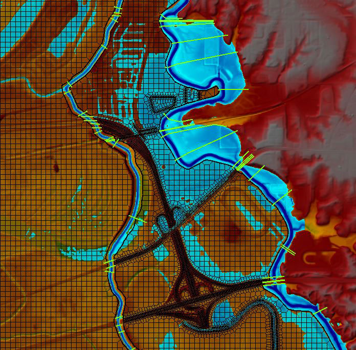 Results from HEC-RAS 1D/2D combined model showing flood depths from one of the many flood scenarios.