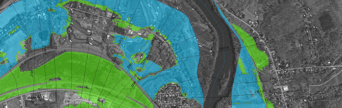 An example of a flood map that we created to help show the risk profiles along waterways for a community.