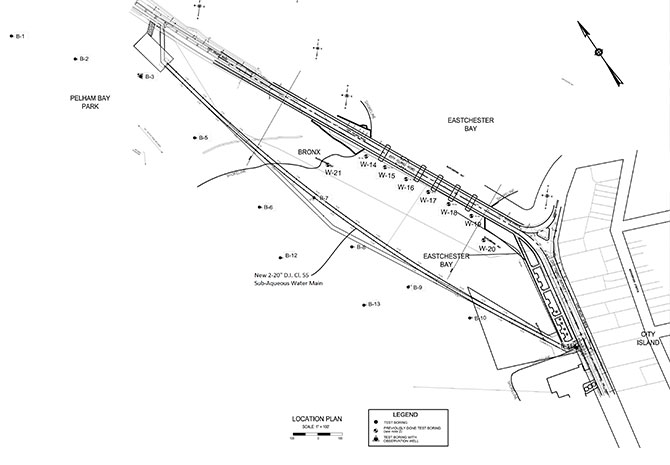 We developed the boring location plan in relation to the proposed water main alignment. This plan was used to identify the material classifications, strength properties, deformation properties, and groundwater table behavior.