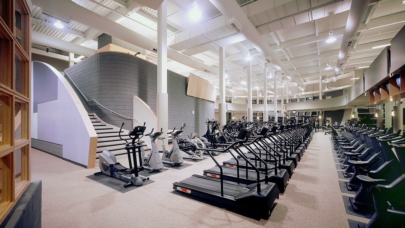 The first building within a planned park district development near Chicago, the fitness center is designed to anchor the development.