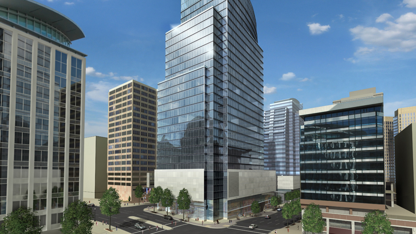 The 30-story residential tower will be linked to the office tower at the retail level via a landscaped plaza and the below-grade parking levels.