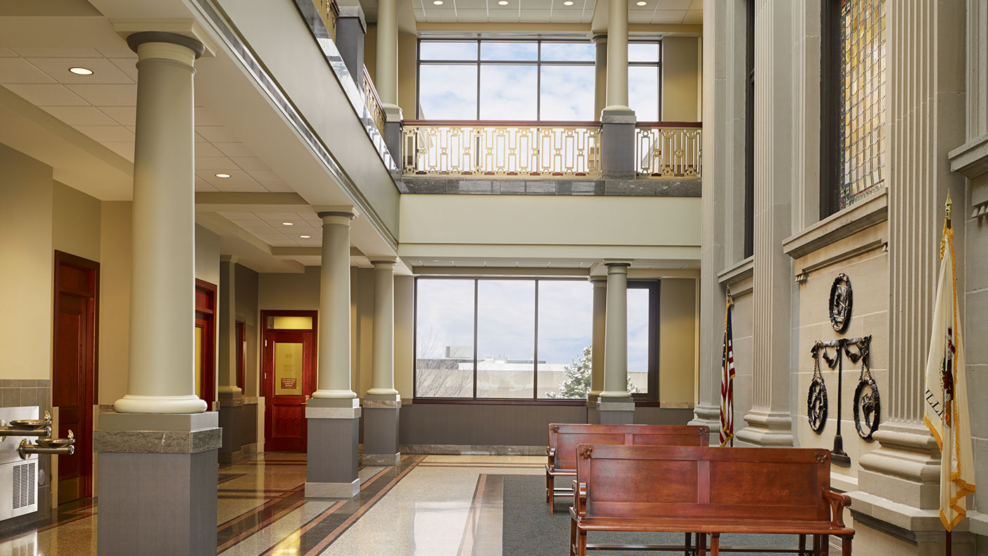 The expansion’s connection to the original 1905 building highlights the courthouse's grand facade and beautiful stained glass windows.