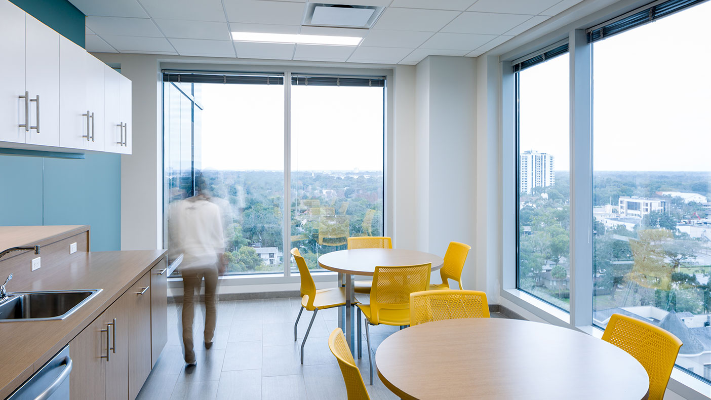 A kitchen, break area, and teaming room are available on the floor's southern end.