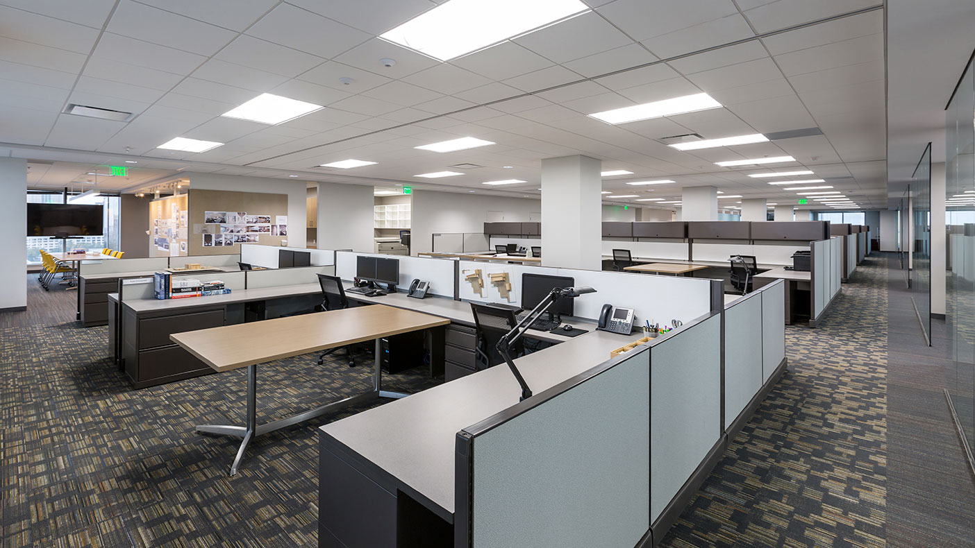 Repurposed office furniture was rebuilt, new products were specifically chosen based on the presence of recycled content, and a new LED lighting system automatically dims based on daylight and occupancy.