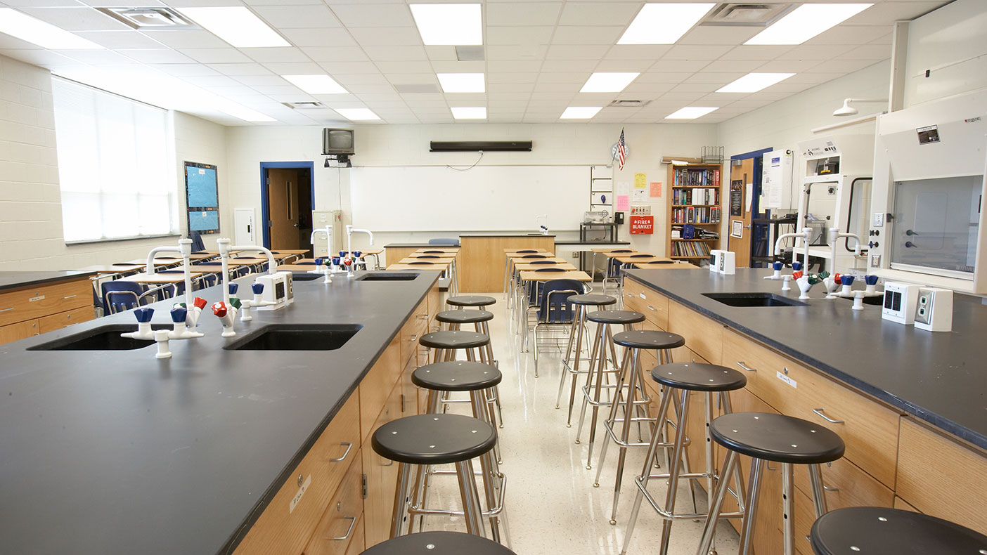 The science lab was renovated to create a space for collaborative learning and natural light.