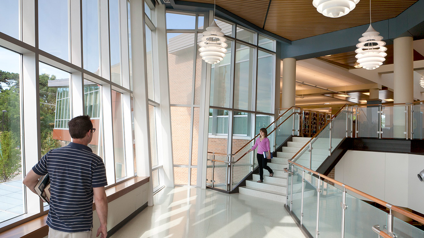 We incorporated a number of green initiatives into the design of the library, including landscape filtration, daylight harvesting, recyclable materials, and a vegetative roof.