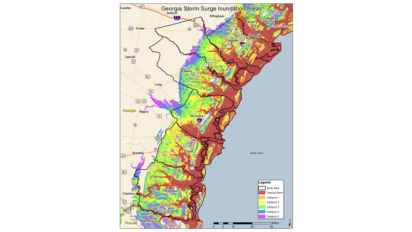 This graphic shows the storm surge potential on Georgia’s coastline based on the severity of the storm or hurricane.