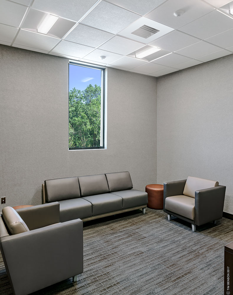 The soft interview room was designed with views to the park and comfortable furniture to help create a calm environment for victims or their family members.