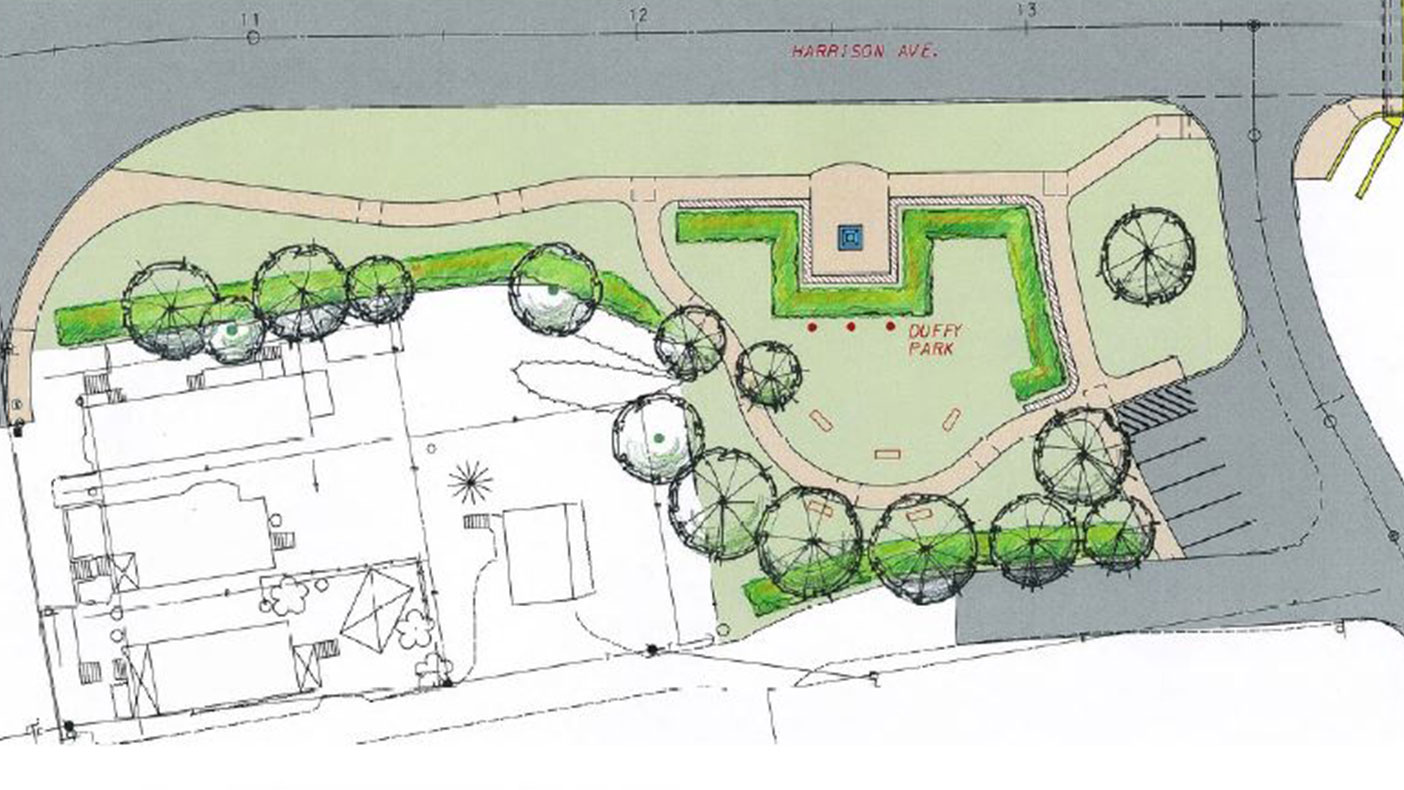 Duffy Park renovation plans outline a parking lot, winding paths, and period-style fencing and lighting.