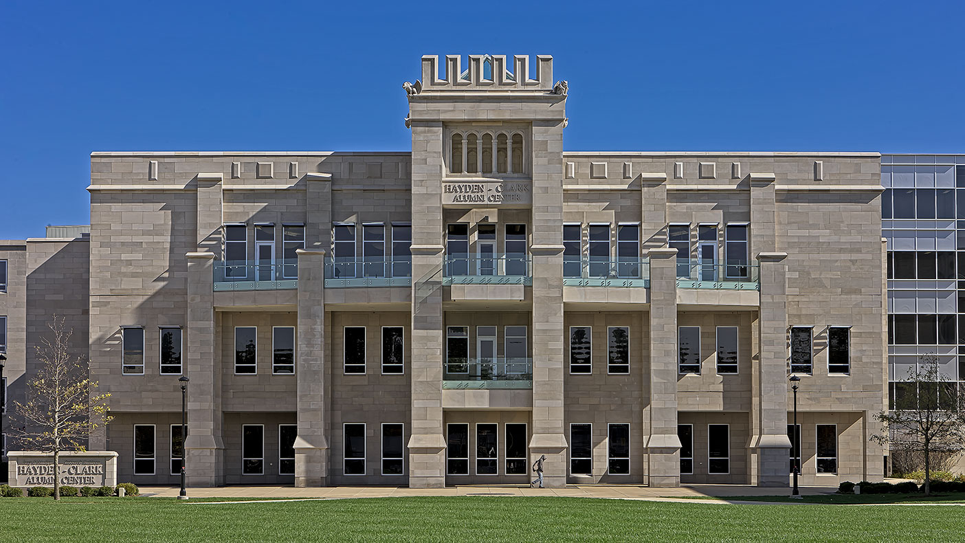 Large exterior windows feature overhangs and shading designs to control solar heat gain and reduce energy usage.