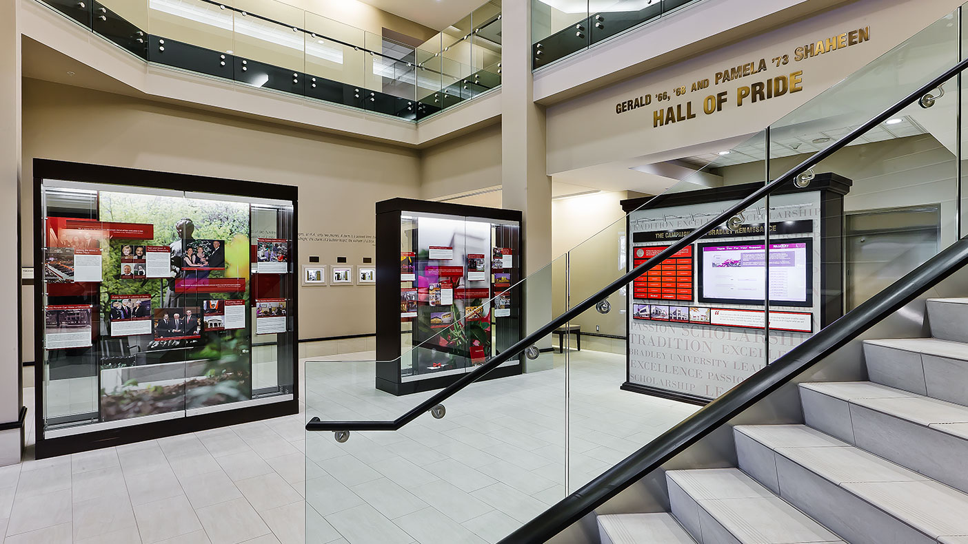 The center’s Shaheen Hall of Pride features 22 display cases, dioramas, and videos that chronicle the university’s history.