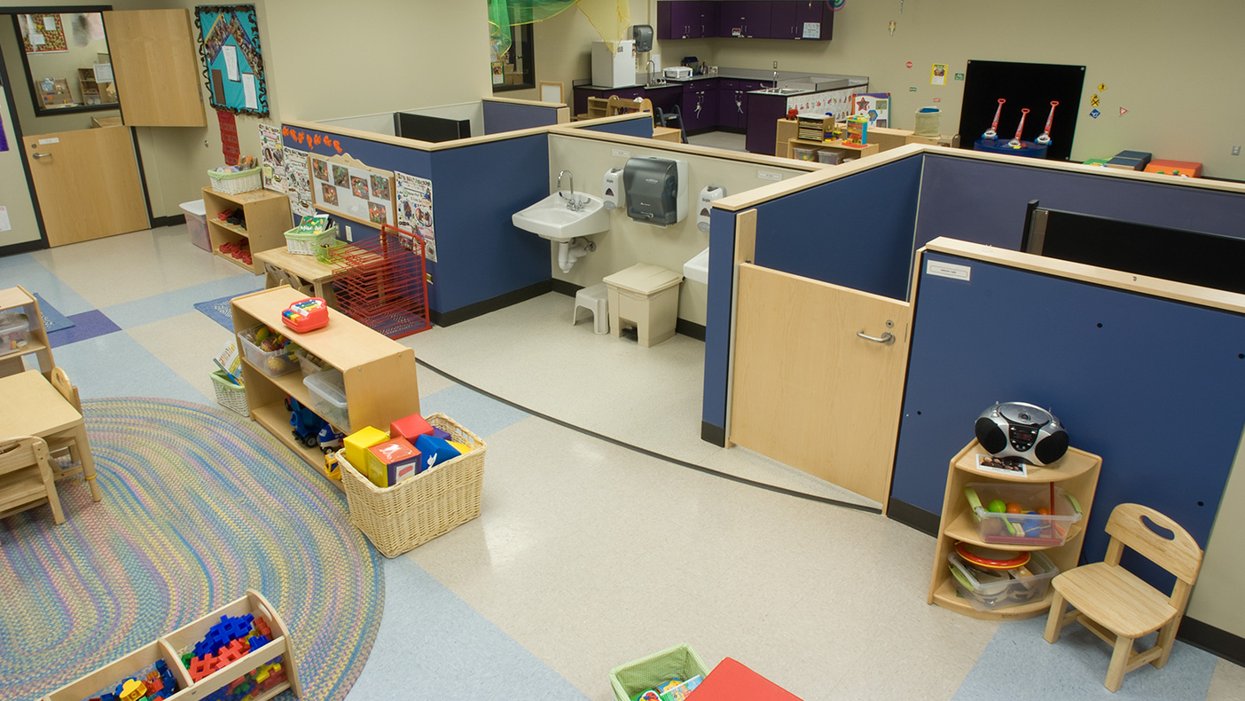 The 2,800-square-foot multipurpose room has a kitchen that also serves the daycare center.