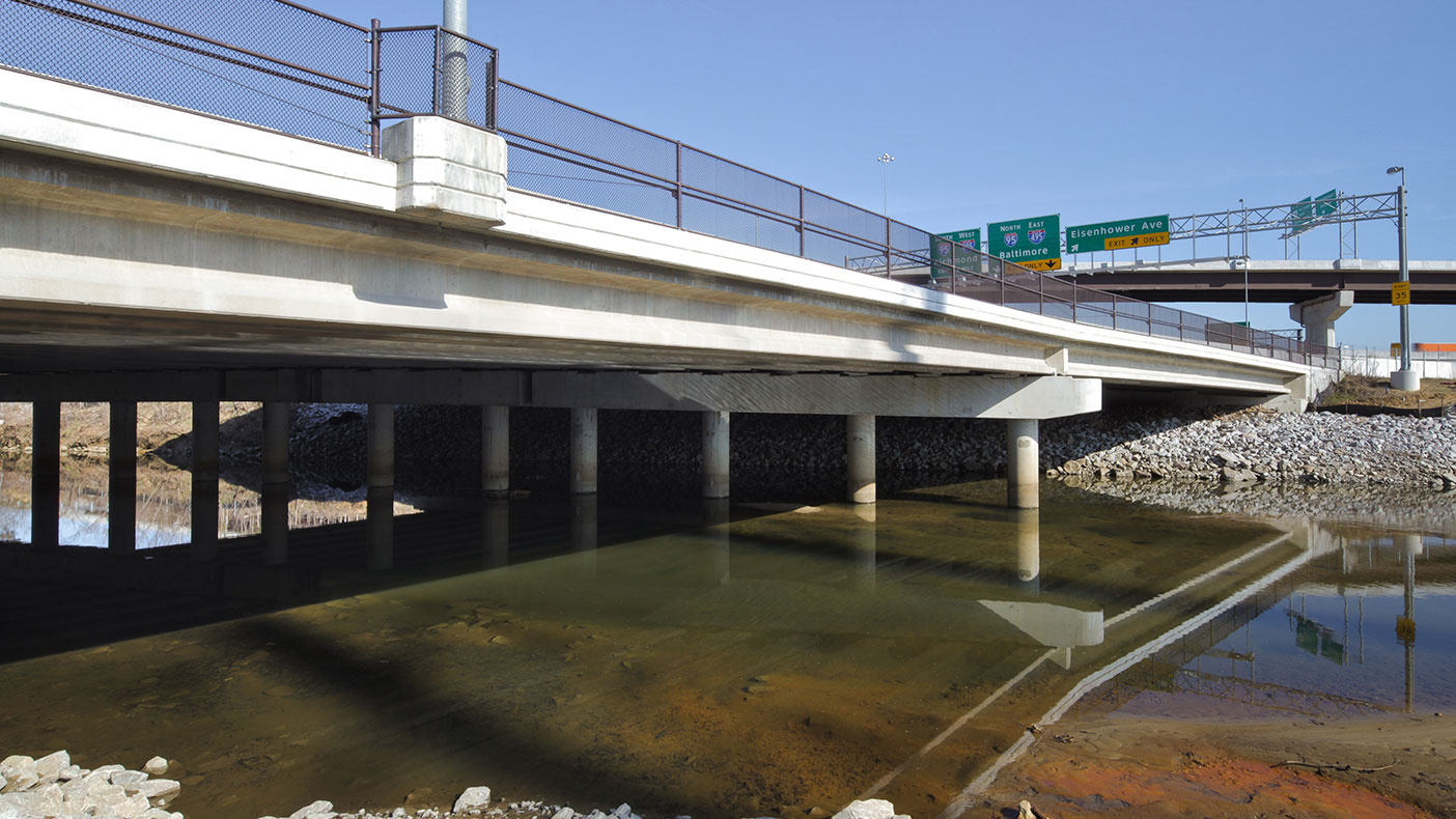 The Telegraph Road Bridge over Cameron Run replaced the old structure and was constructed in three stages in order to maintain traffic.